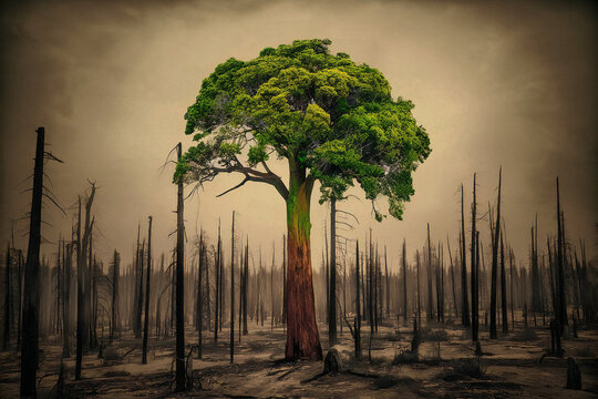 1 living tree among thousands of trees around it that died and fell