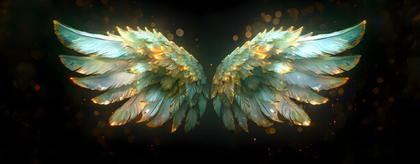 Angel mythology, mystery: colorful arty spreaded angel wings on black background. A magic inspiration, beautiful mystic wall art, poster, tattoo template etc. - obrazy, fototapety, plakaty