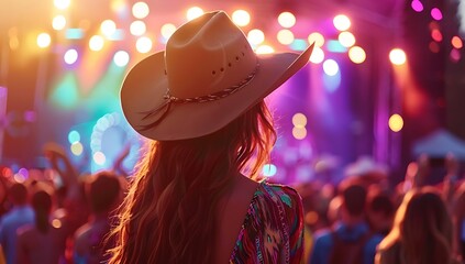  A girl in cowboy hat seen from behind at an outdoor music festival, with colorful lights and stage in the background