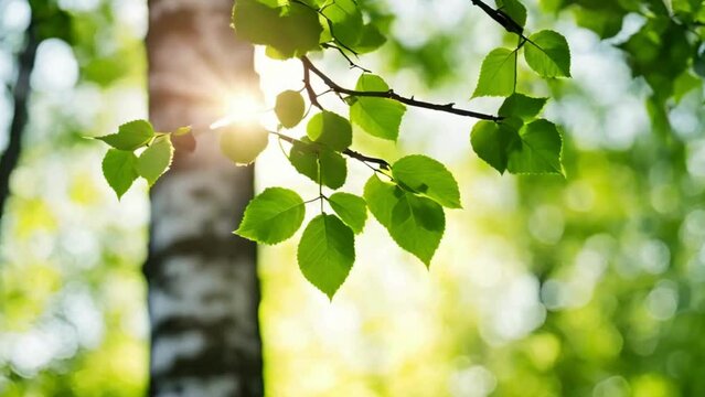 Sun-Kissed Spring: Birch Tree Leaves in Radiant Sunlight - Nature's Ethereal Backdrop in 4K Slow Motion