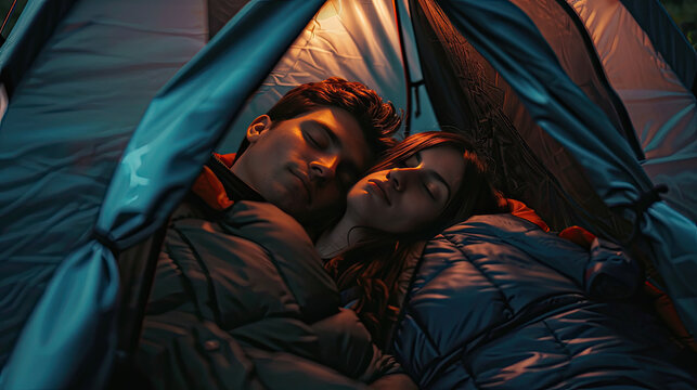 a white couple sleeping in a tent, outdoor travel, closeup, Nikon camera, landscape photos