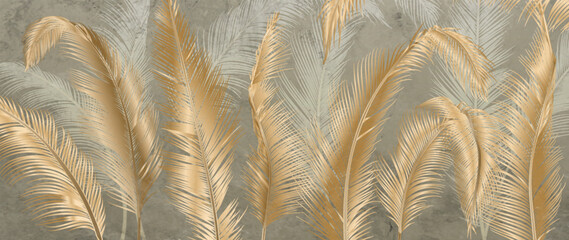 Luxury tropical art background with palm leaves in gold color in line art style. Botanical banner for decoration, print, textile, wallpaper, poster, interior design.
