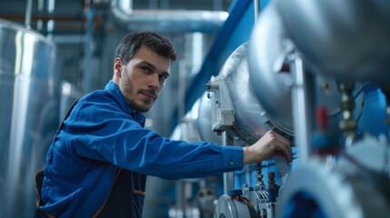 Boiler technician maintaining heating systems in factory