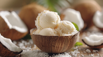 Coconut ice cream scoops in a coconut shell, with Coconut ice cream in the background.