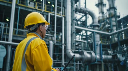Chemical plant worker monitoring industrial processe