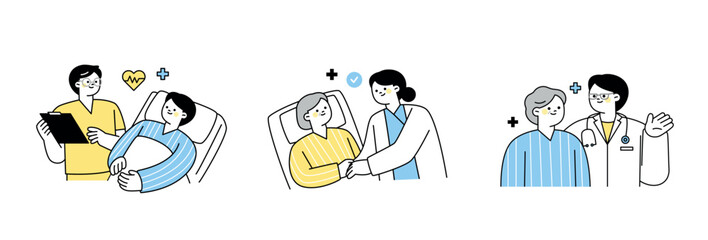 Doctors and nurses are making rounds on inpatients, holding hands and giving friendly explanations. outline simple vector illustration. - 794637519