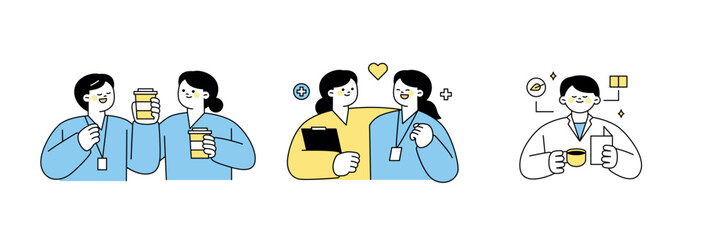 People taking breaks, friendly colleagues, doctors reading thank you letters. outline simple vector illustration.