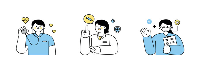 Doctors and nurses holding stethoscopes and explaining vaccines and checklists. outline simple vector illustration.