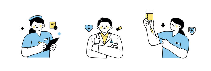 Doctors and nurses are filling out documents, holding IVs, and posing confidently. outline simple vector illustration. - 794637532