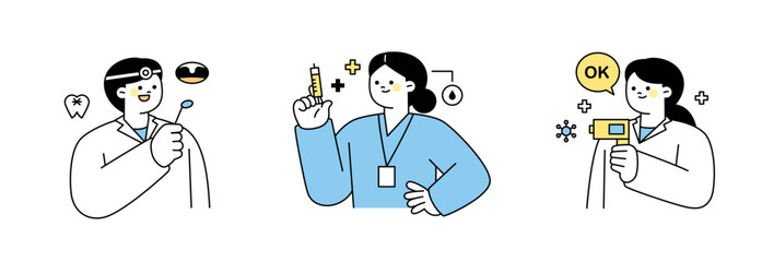 Dentist, nurse with syringe and doctor with thermometer. outline simple vector illustration. - 794637538