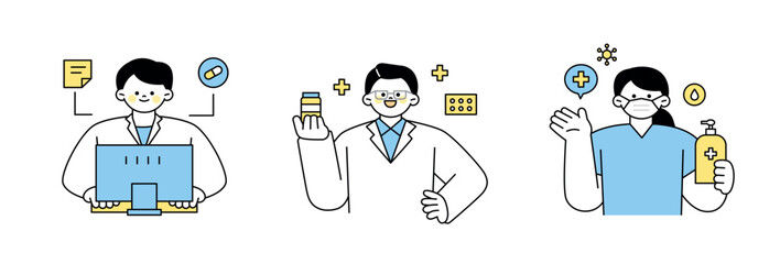 Doctors and nurses writing medical records, explaining prescribed medications, and disinfecting hands. outline simple vector illustration.