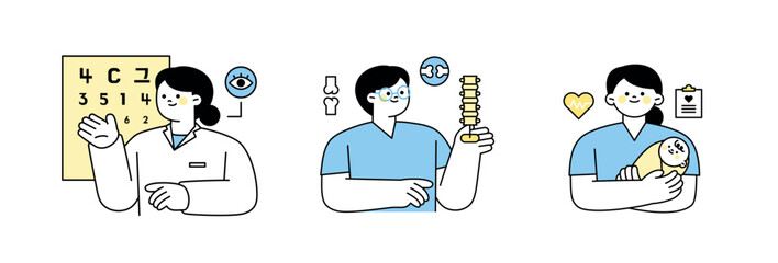Doctors and nurses measuring eyesight, lifting vertebrae, holding a baby. outline simple vector illustration.