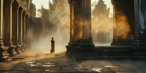 Monks walk quietly through the serene temple grounds. The tranquility and spiritual devotion of monkshood. Generative AI. 