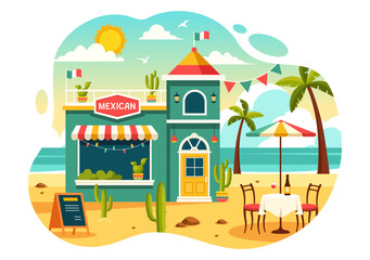 Mexican Food Restaurant Vector Illustration with Various of Delicious Traditional Cuisine Tacos, Nachos and Other on Flat Cartoon Background