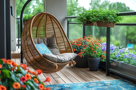 hanging chair Large balcony furniture view coffee with copy space for text - Powered by Adobe