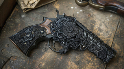 A gun holster is intricately adorned with delicate black lace patterns adding a touch of glamour to the lawless Wild West. . - obrazy, fototapety, plakaty