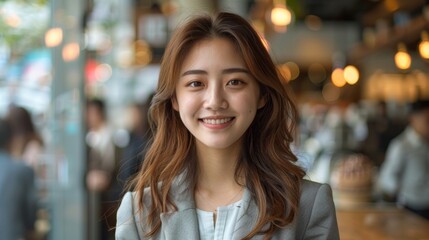 work elation as a young and vibrant businesswoman, a beautiful manager, lights up the modern office with her infectious smile and positive energy. Generative AI.
