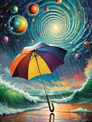 storm and umbrella. colorful wind and sun rainy watercolor weather vintage