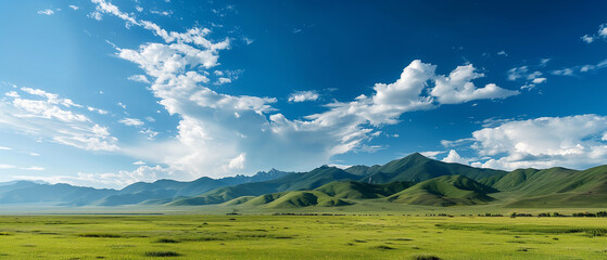 green land of mountains with blue sky in background