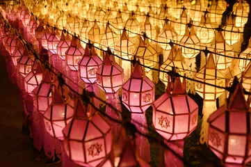 Texture and background of Lantern Festival at Wat Phra That Hariphunchai. It is a tradition that is...