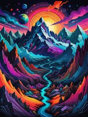 Creative illustration mountain with colorful triangles and chaotic geometric patterns against a beige background