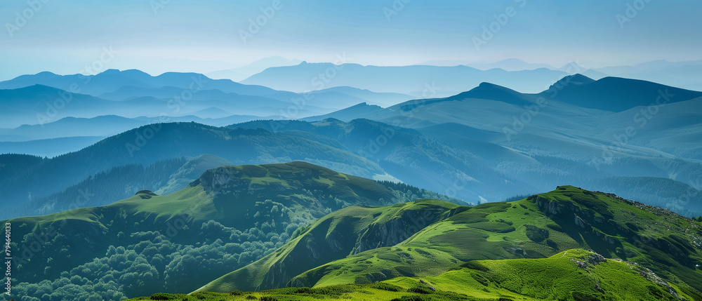 Sticker green land of mountains with blue sky in background