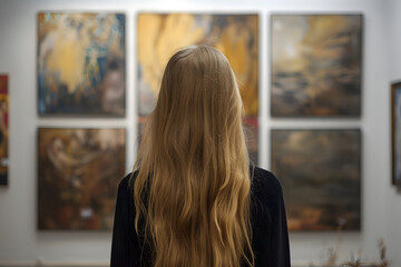a girl with long brown hair stands with her back to us in the gallery looking at paintings