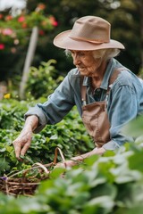 Content elderly woman gardening