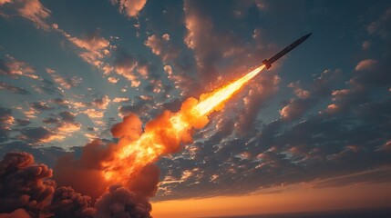 Fototapeta premium A cruise missile in the air. Missile armament. Showing the power of weapons. Generative AI