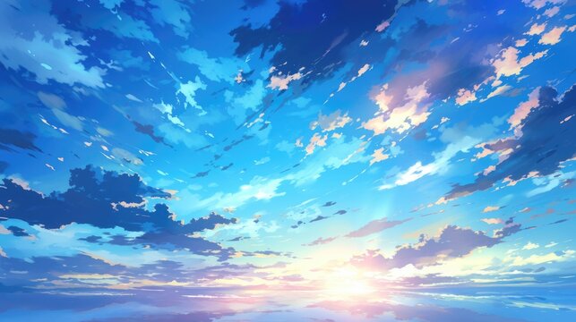 A serene scene unfolds in a 2d background with anime clouds dancing across the blue sky of a summer morning This abstract design features soft gradients sunbeams casting reflections and a tr