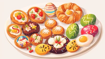 Celebrate Easter with a delightful array of traditional pastries adorned with creamy icing and colorful painted eggs beautifully arranged on a plate This charming design serves as the perfe