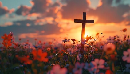 A wooden cross in the center of an open field, surrounded by blooming flowers under a beautiful sunset sky