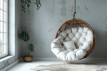 Stylish leather sofa and swing chair interior furniture home design white room decor wall living chair style armchair modern pillow apartment