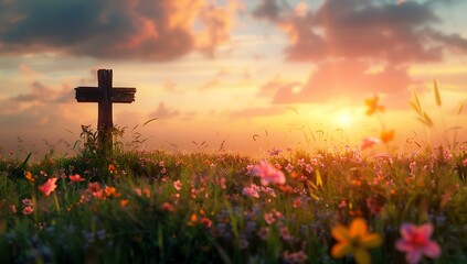 The cross of Jesus Christ in the grassy meadow with beautiful flowers at sunset