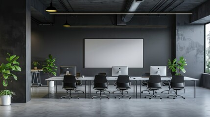 Office workplace with desk, window and office chairs. Modern office interior furniture or home office. AI generated