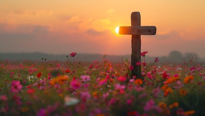  A wooden cross in the center of an open field, surrounded colorful wildflowers and with a beautiful sunset sky behind it