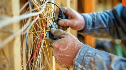 Electrician wiring electrical systems in new construction