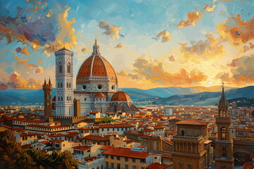 Florence italy, brunelleschi dome, at golden hour, oil painting - Generative AI