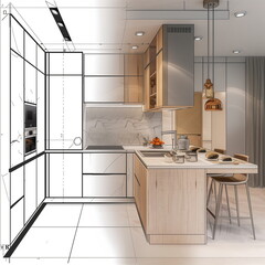 The left side of the kitchen furniture is represented by a sketch of a linear representation, and the right side is represented by a realistic image. Kitchen drawings, interior design - Generative AI