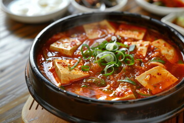 Close-up of tofu kimchi stew, a Korean dish made with tofu and kimchi boiled in an earthenware bowl on the table. Generative AI