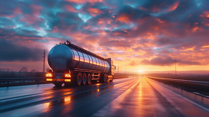 The rear of a tank lorry running on the road under a cloud-filled sunset sky. Fuel tanker transport large truck. Generative AI - obrazy, fototapety, plakaty