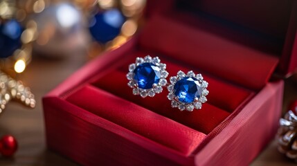 Blue and white diamond earrings in red box