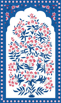 Indian floral ornament. Mughal floral traditional ornament with arch and motif borders. Floral Wall Art Wall Frame illustrations.