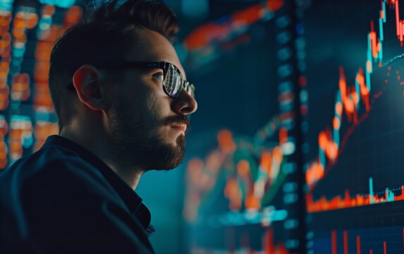 Close-up of the side view of a bespectacled man looking at the stock chart screen. Stock market data analysis, business, finance and investment concept. analyst,entrepreneur,businessman. Generative AI