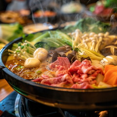 Shabu-shabu dish, sukiyaki, beef, king oyster mushrooms, enoki mushroom, shiitake mushroom, cabbage, bok choy - Generative AI