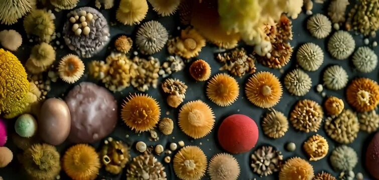 A close-up image capturing the intricate details of various types of microscopic organisms including fungi and bacteria
