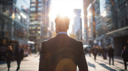 A close-up of the back of a man in a suit standing in the middle of a city street with tall buildings and many people walking. Intense sunlight over the man's head. Generative AI