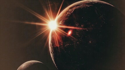 Planet with lens flare in black space. Space, Earth, solar system, sun, planet, glare, astronomy, lens flare. Generative AI