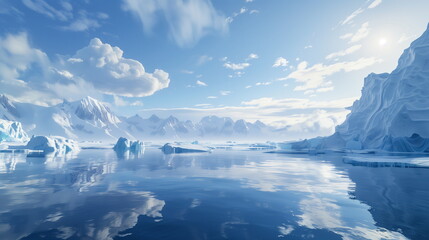 Obraz premium A beautiful landscape of the Arctic or Antarctic Ocean with magnificent ice walls, icebergs, glaciers and ice sculptures floating on a bright sunny day.