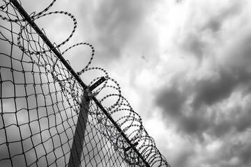 Black and white photo of barbed wire fence against cloudy sky